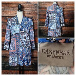Chico's EasyWear Tunic Top Size 0 US S Bohemian Patchwork Print 3/4 Sleeve